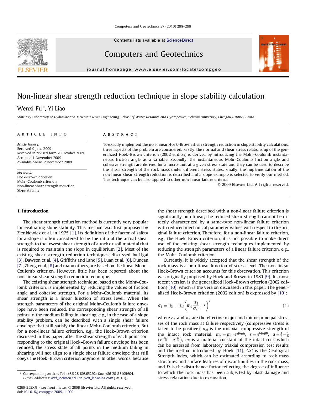 Non-linear shear strength reduction technique in slope stability calculation