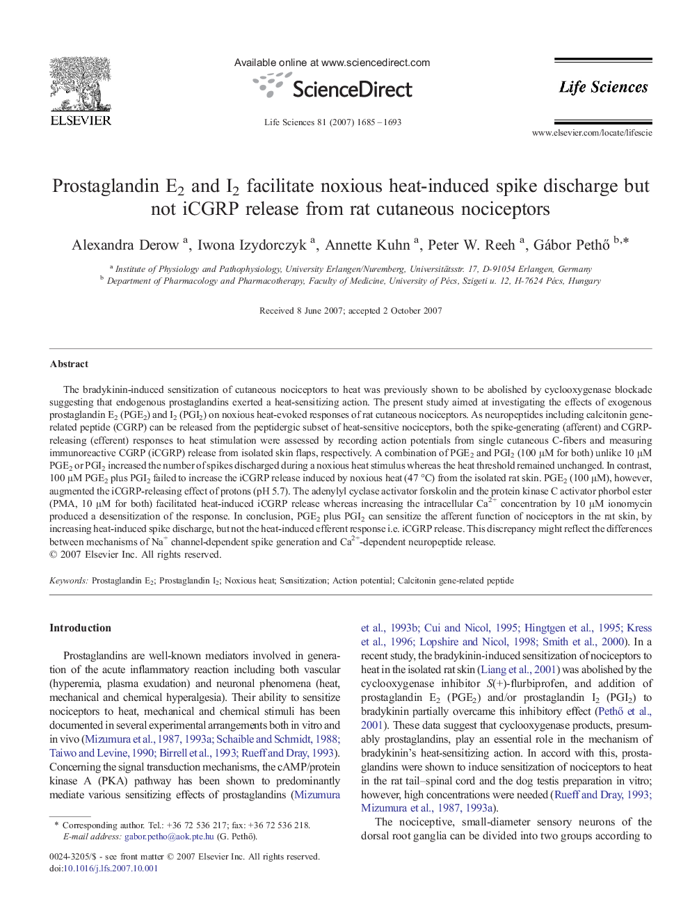 Prostaglandin E2 and I2 facilitate noxious heat-induced spike discharge but not iCGRP release from rat cutaneous nociceptors