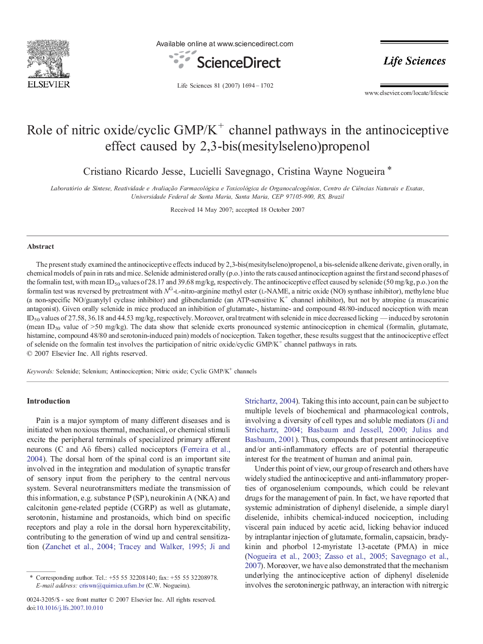 Role of nitric oxide/cyclic GMP/K+ channel pathways in the antinociceptive effect caused by 2,3-bis(mesitylseleno)propenol