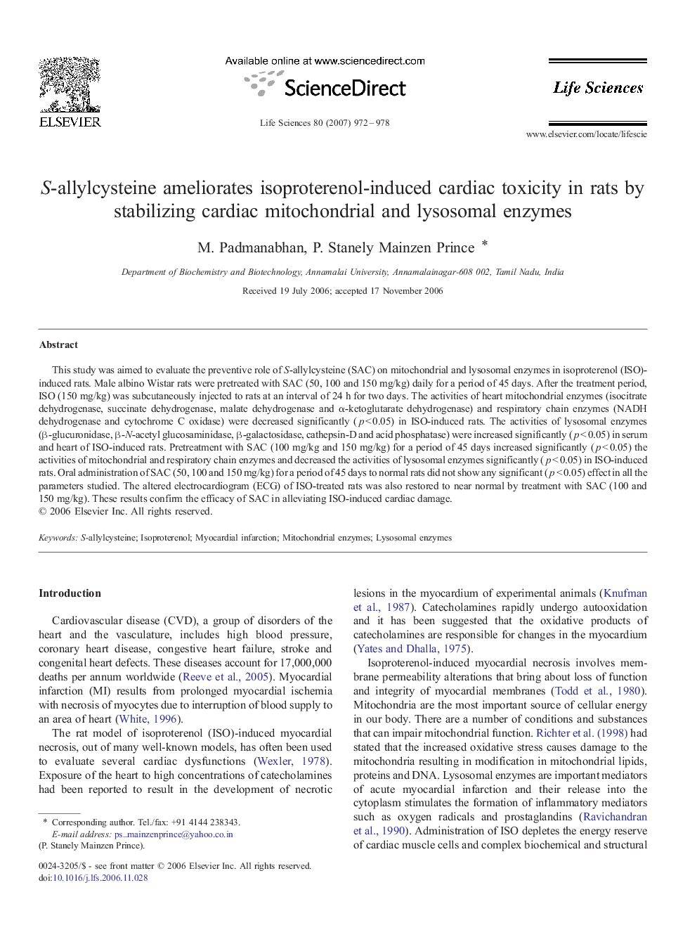 S-allylcysteine ameliorates isoproterenol-induced cardiac toxicity in rats by stabilizing cardiac mitochondrial and lysosomal enzymes