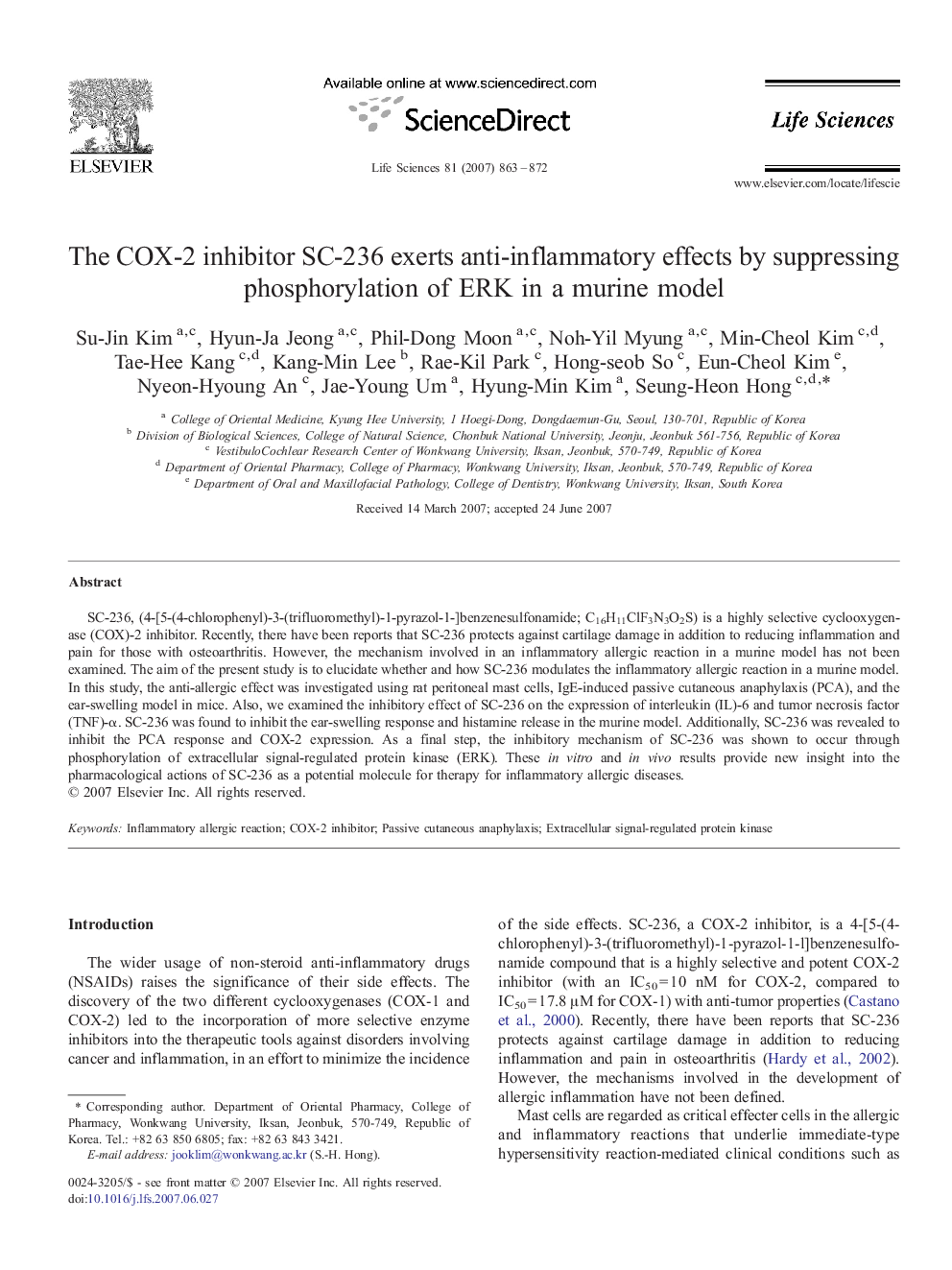 The COX-2 inhibitor SC-236 exerts anti-inflammatory effects by suppressing phosphorylation of ERK in a murine model