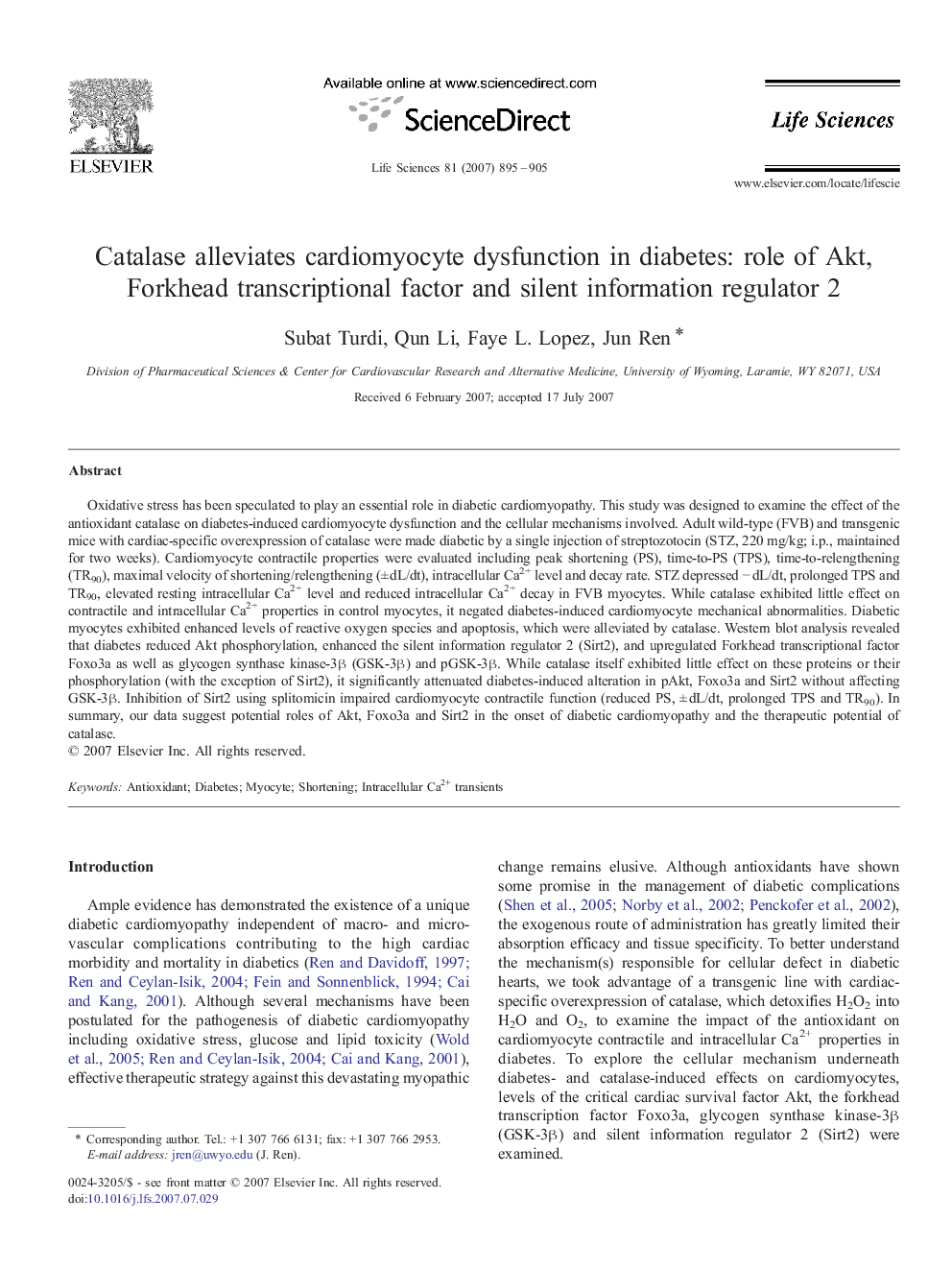 Catalase alleviates cardiomyocyte dysfunction in diabetes: role of Akt, Forkhead transcriptional factor and silent information regulator 2