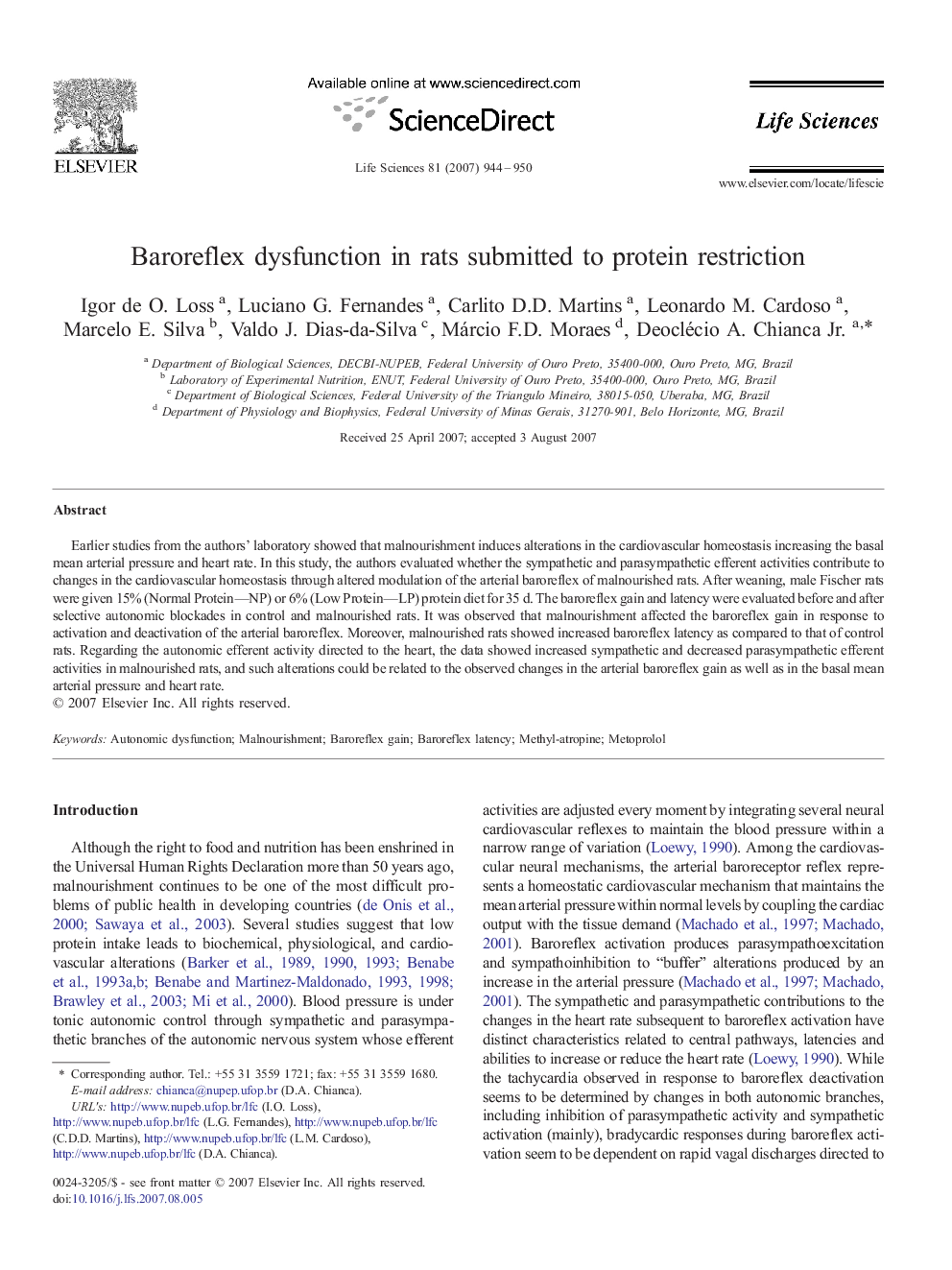 Baroreflex dysfunction in rats submitted to protein restriction