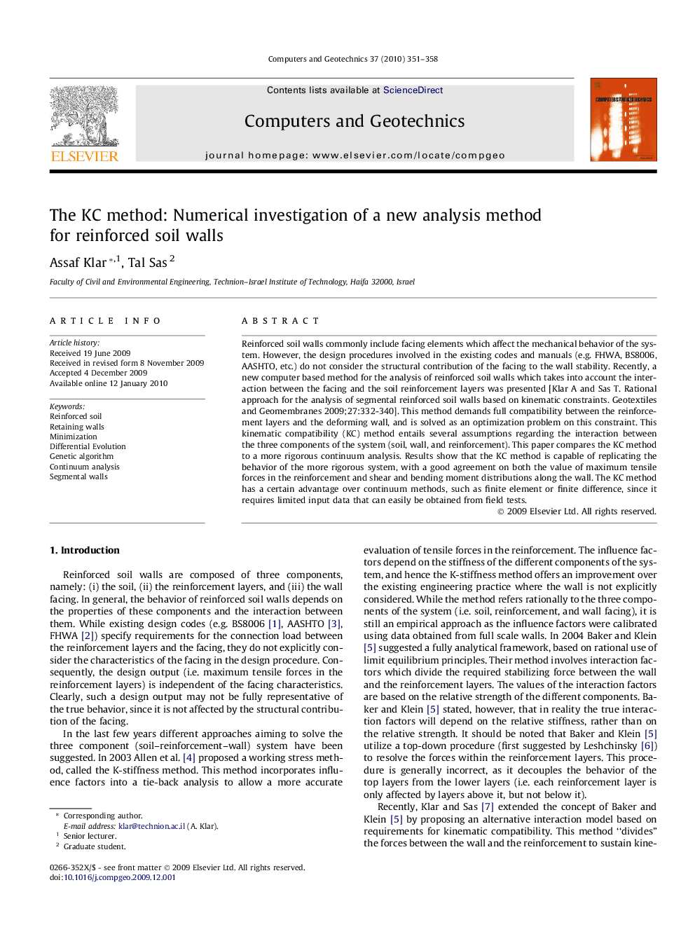 The KC method: Numerical investigation of a new analysis method for reinforced soil walls