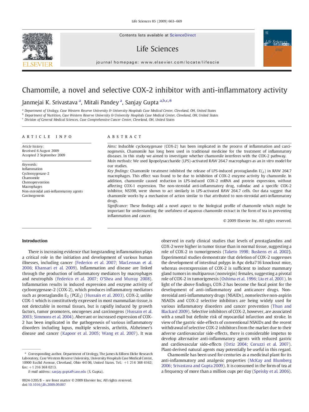 Chamomile, a novel and selective COX-2 inhibitor with anti-inflammatory activity