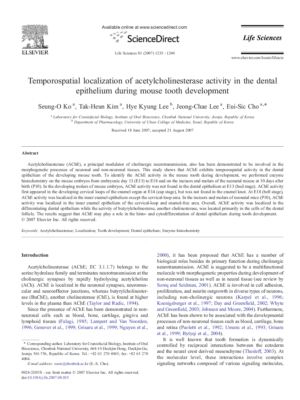 Temporospatial localization of acetylcholinesterase activity in the dental epithelium during mouse tooth development