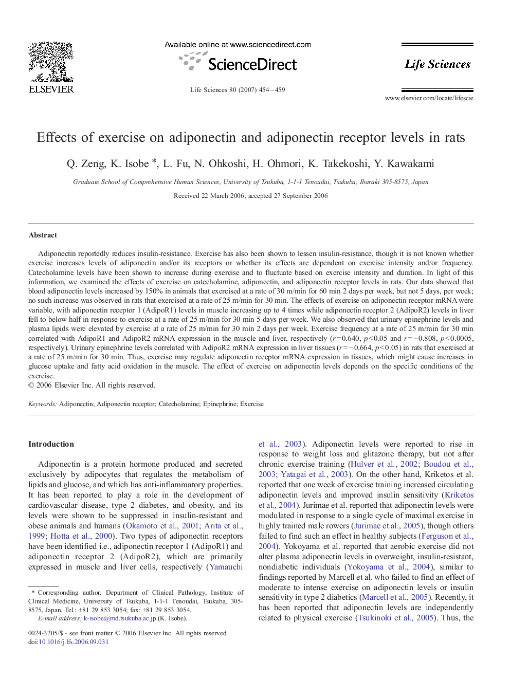 Effects of exercise on adiponectin and adiponectin receptor levels in rats