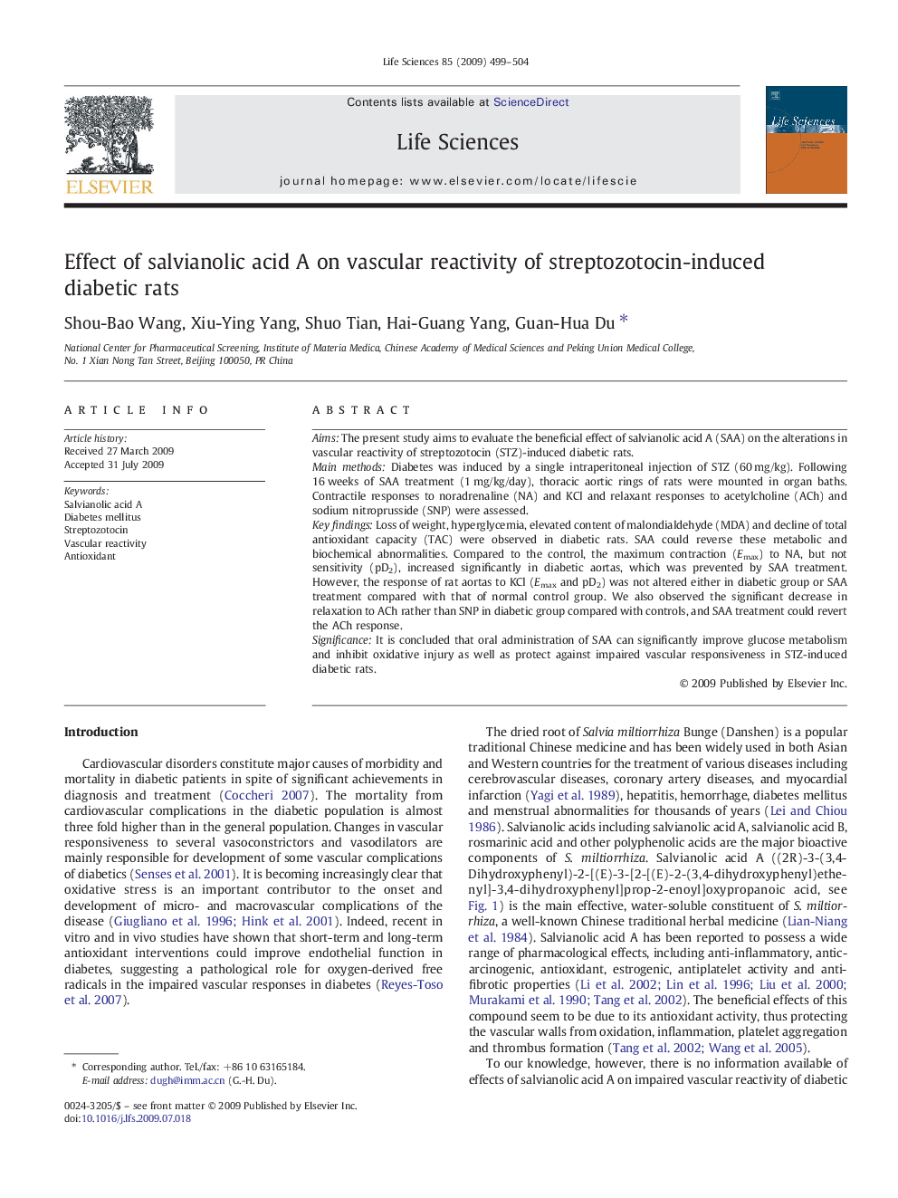 Effect of salvianolic acid A on vascular reactivity of streptozotocin-induced diabetic rats