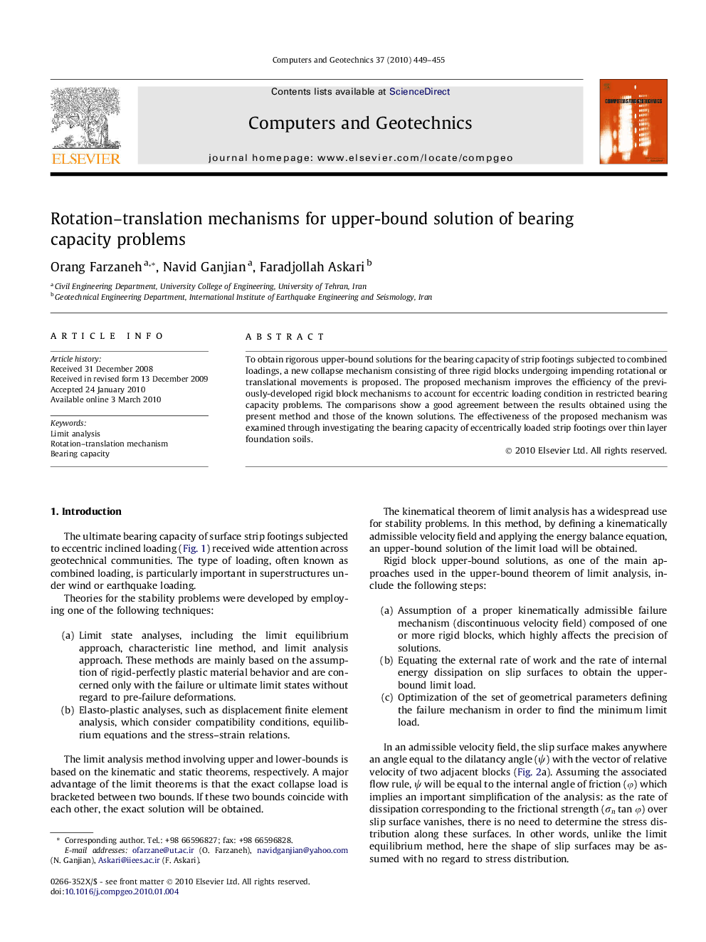 عکس صفحه اول مقاله: Rotation–translation mechanisms for upper-bound solution of bearing capacity problems Rotation–translation mechanisms for upper-bound solution of bearing capacity problems