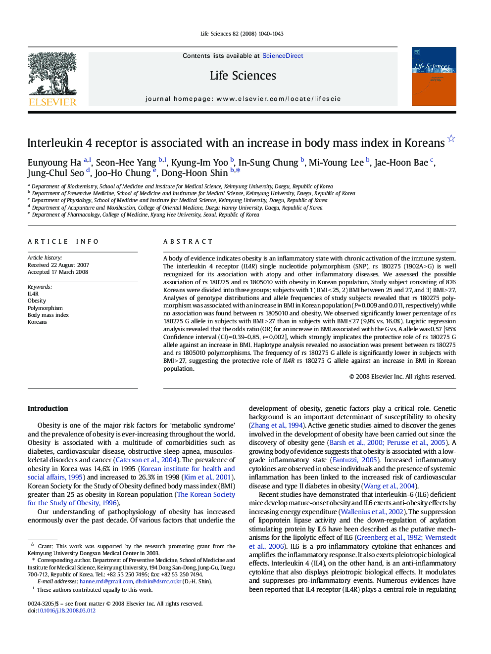 Interleukin 4 receptor is associated with an increase in body mass index in Koreans 