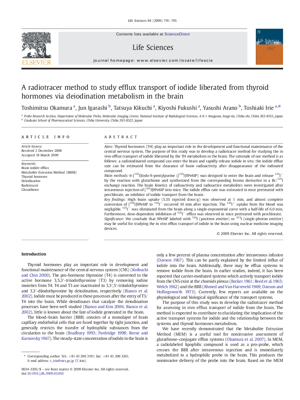 A radiotracer method to study efflux transport of iodide liberated from thyroid hormones via deiodination metabolism in the brain