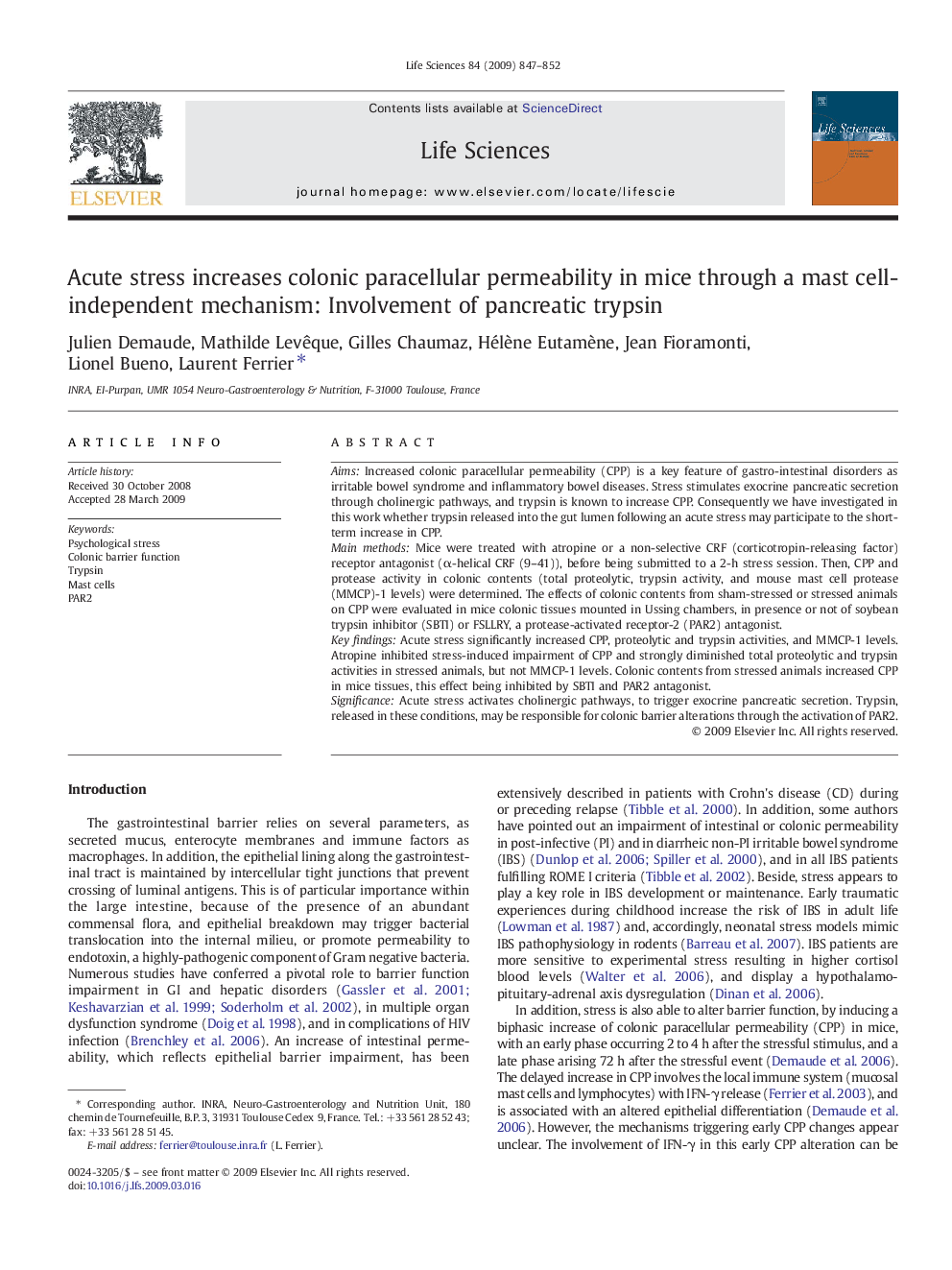 Acute stress increases colonic paracellular permeability in mice through a mast cell-independent mechanism: Involvement of pancreatic trypsin