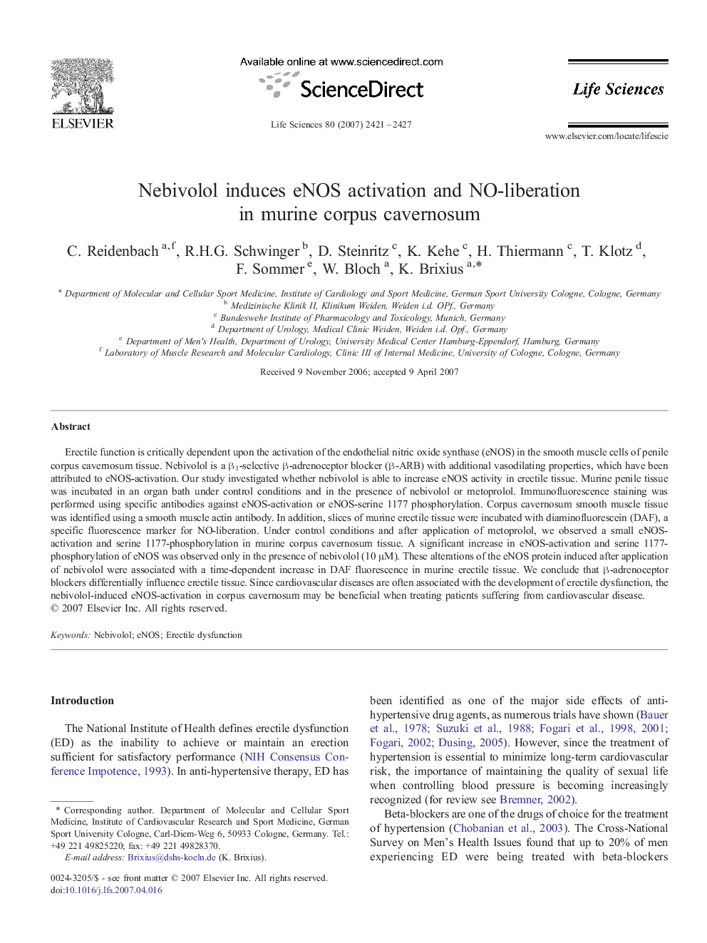 Nebivolol induces eNOS activation and NO-liberation in murine corpus cavernosum