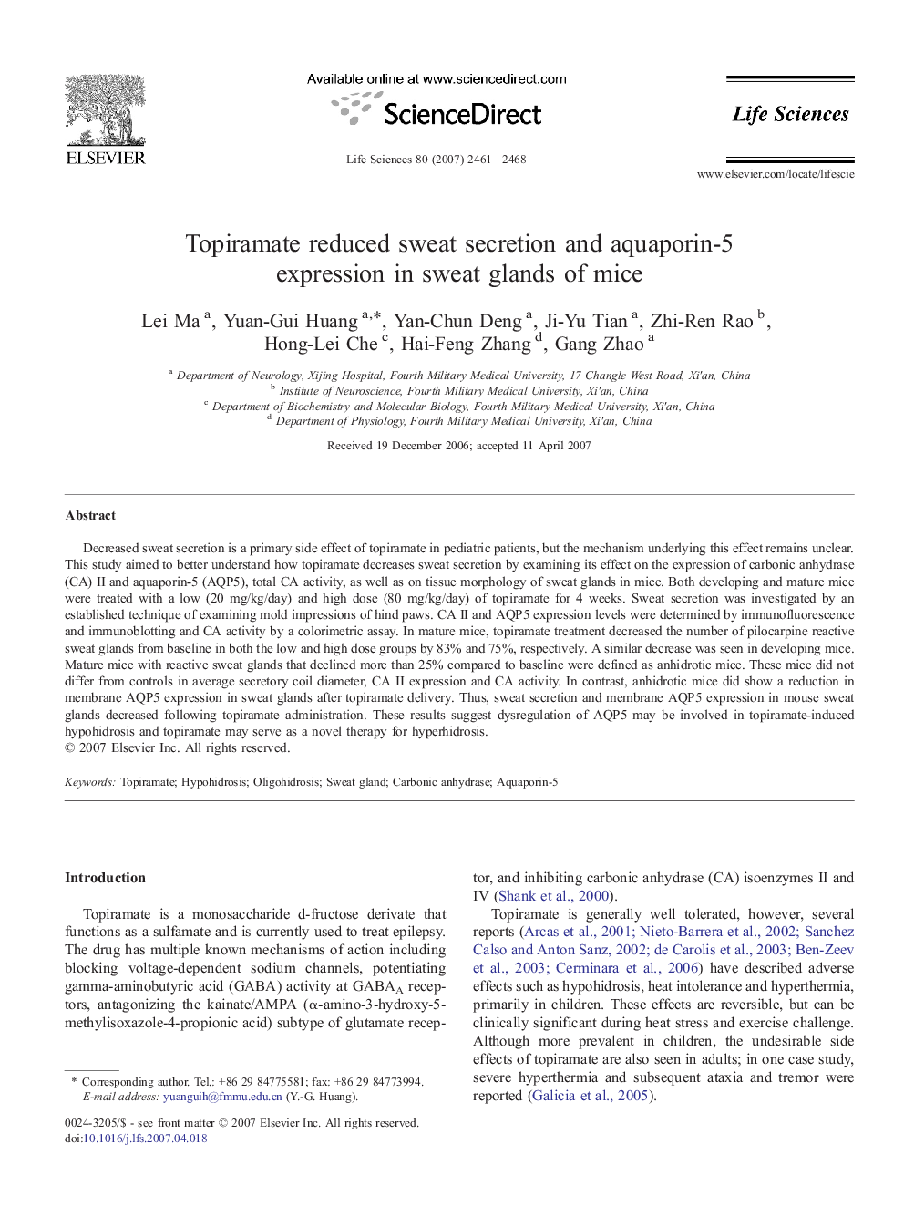 Topiramate reduced sweat secretion and aquaporin-5 expression in sweat glands of mice