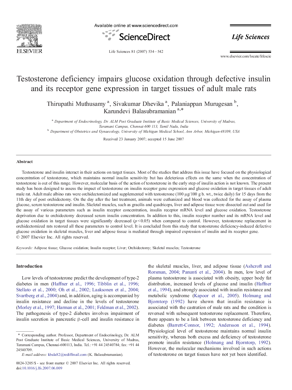 Testosterone deficiency impairs glucose oxidation through defective insulin and its receptor gene expression in target tissues of adult male rats