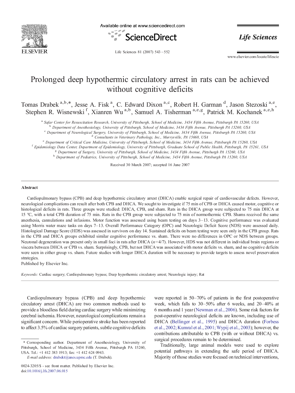 Prolonged deep hypothermic circulatory arrest in rats can be achieved without cognitive deficits