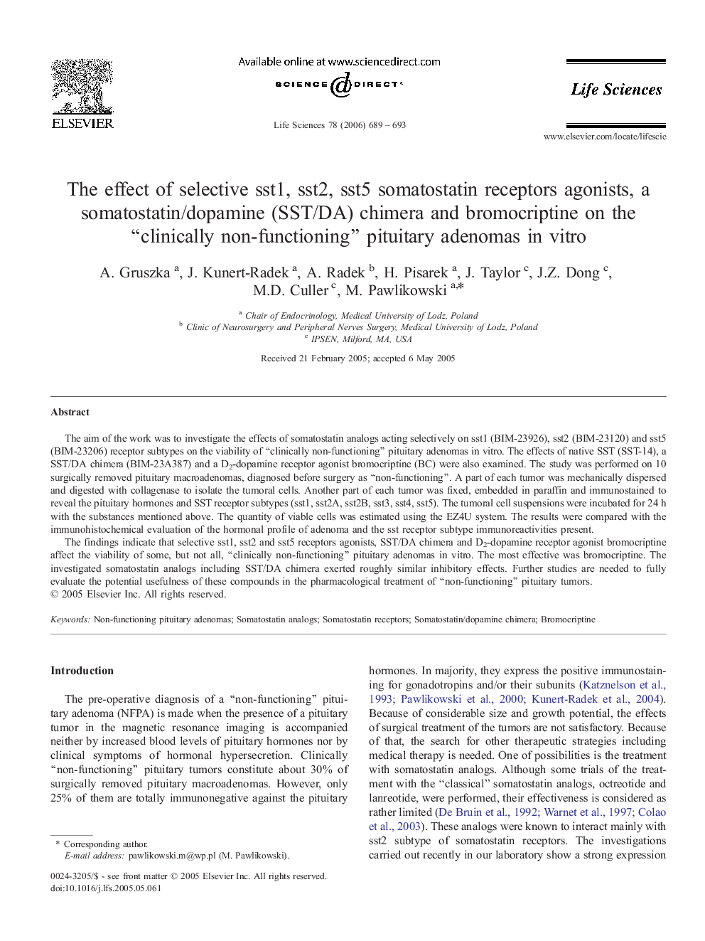 The effect of selective sst1, sst2, sst5 somatostatin receptors agonists, a somatostatin/dopamine (SST/DA) chimera and bromocriptine on the “clinically non-functioning” pituitary adenomas in vitro