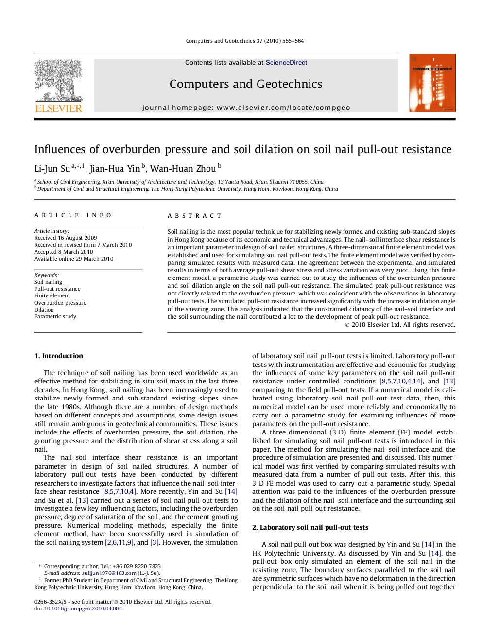 عکس صفحه اول مقاله: Influences of overburden pressure and soil dilation on soil nail pull-out resistance Influences of overburden pressure and soil dilation on soil nail pull-out resistance
