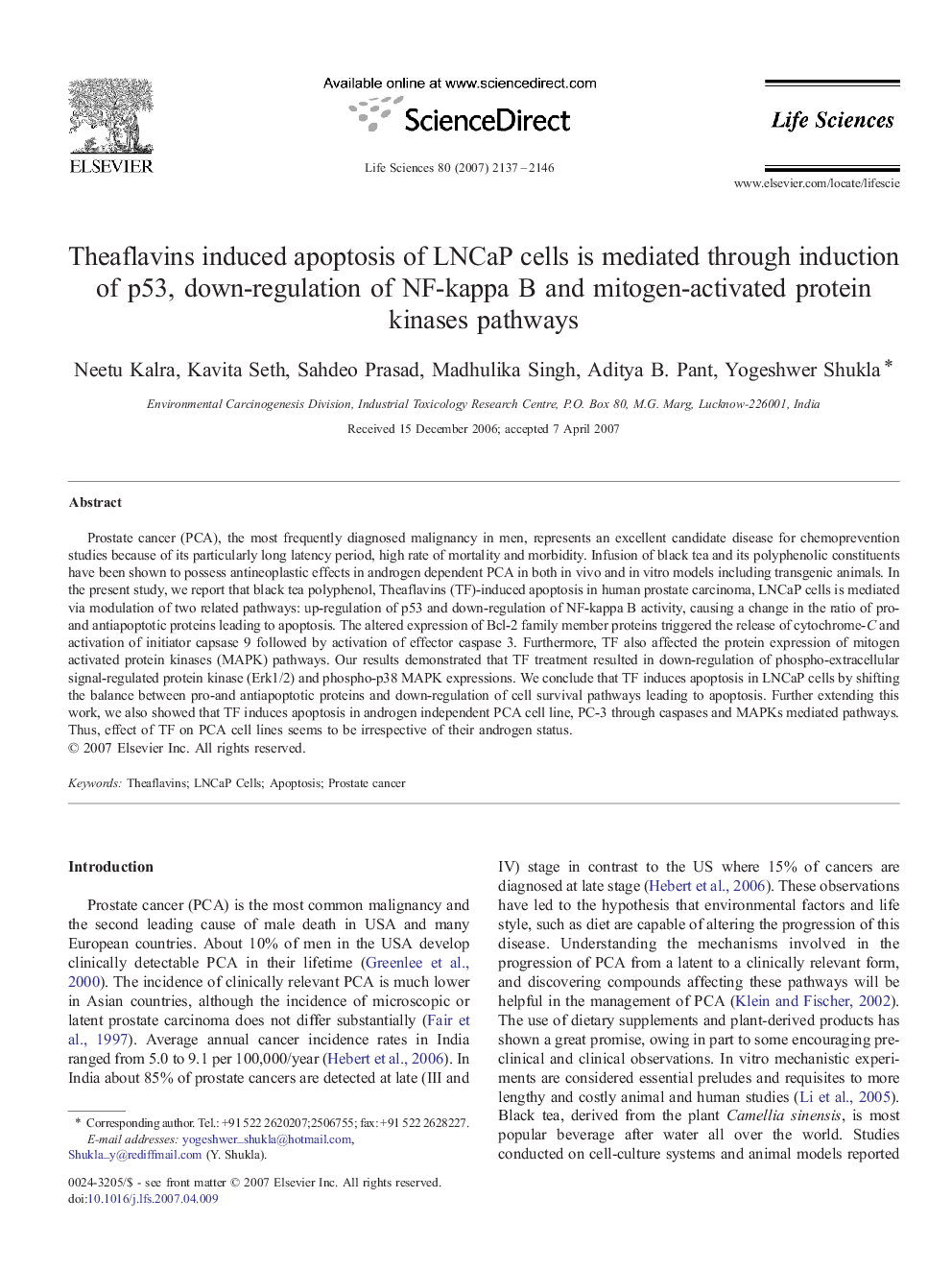 Theaflavins induced apoptosis of LNCaP cells is mediated through induction of p53, down-regulation of NF-kappa B and mitogen-activated protein kinases pathways