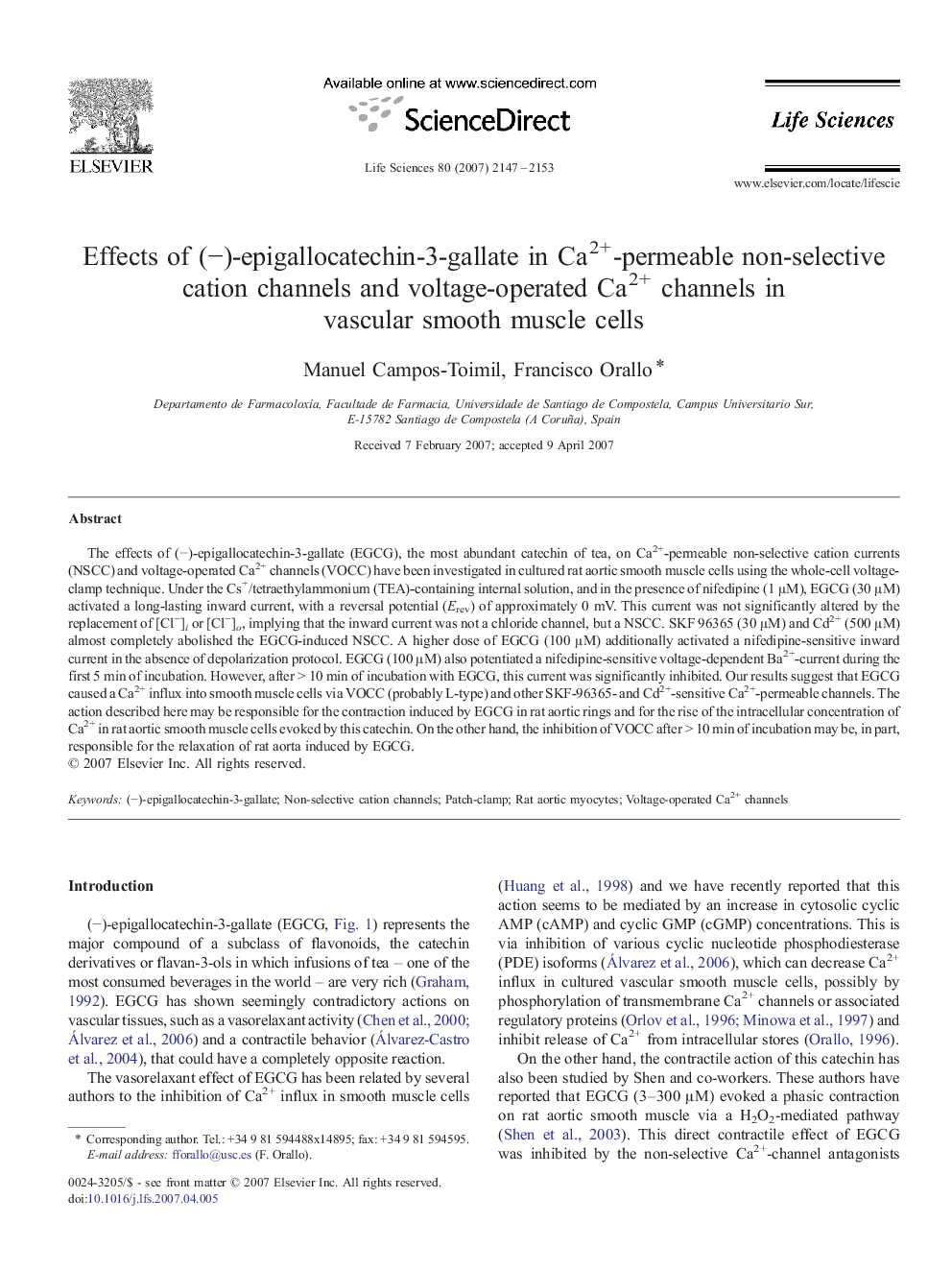 Effects of (â)-epigallocatechin-3-gallate in Ca2+-permeable non-selective cation channels and voltage-operated Ca2+ channels in vascular smooth muscle cells