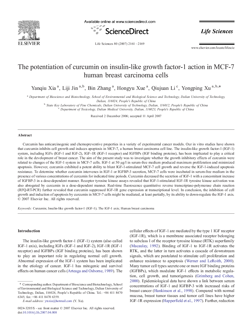 The potentiation of curcumin on insulin-like growth factor-1 action in MCF-7 human breast carcinoma cells