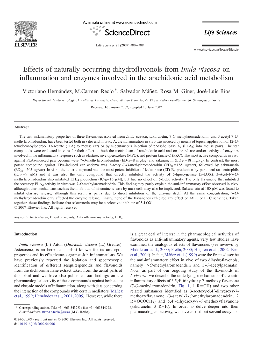 Effects of naturally occurring dihydroflavonols from Inula viscosa on inflammation and enzymes involved in the arachidonic acid metabolism