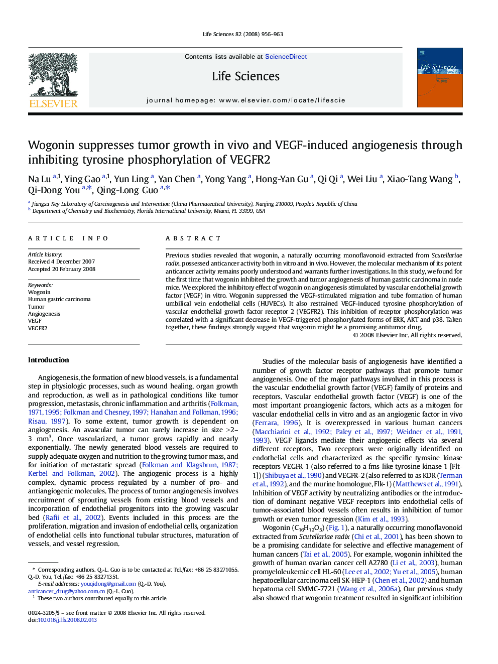 Wogonin suppresses tumor growth in vivo and VEGF-induced angiogenesis through inhibiting tyrosine phosphorylation of VEGFR2