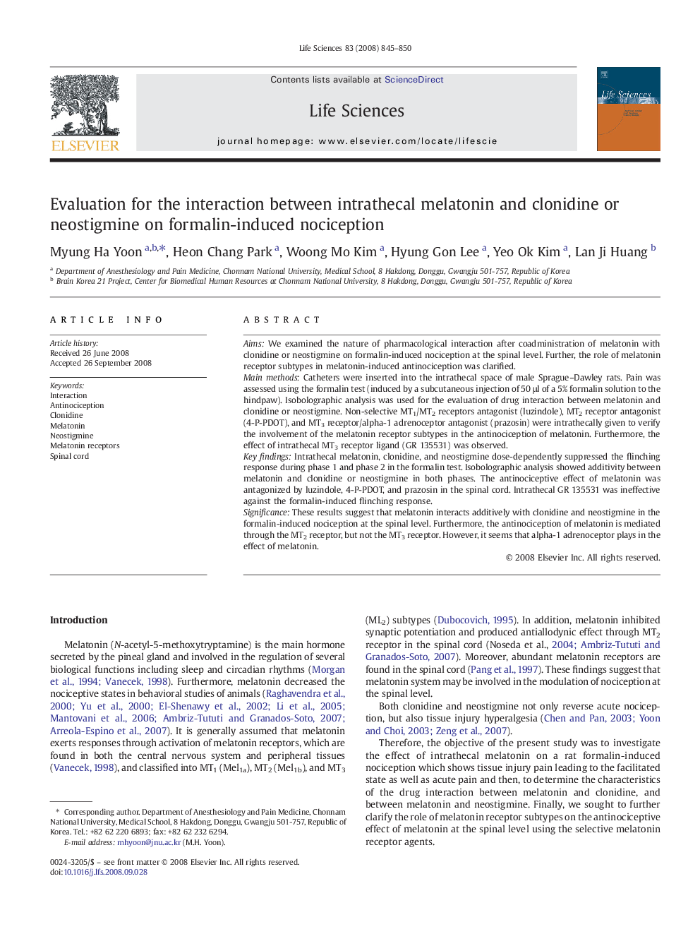 Evaluation for the interaction between intrathecal melatonin and clonidine or neostigmine on formalin-induced nociception