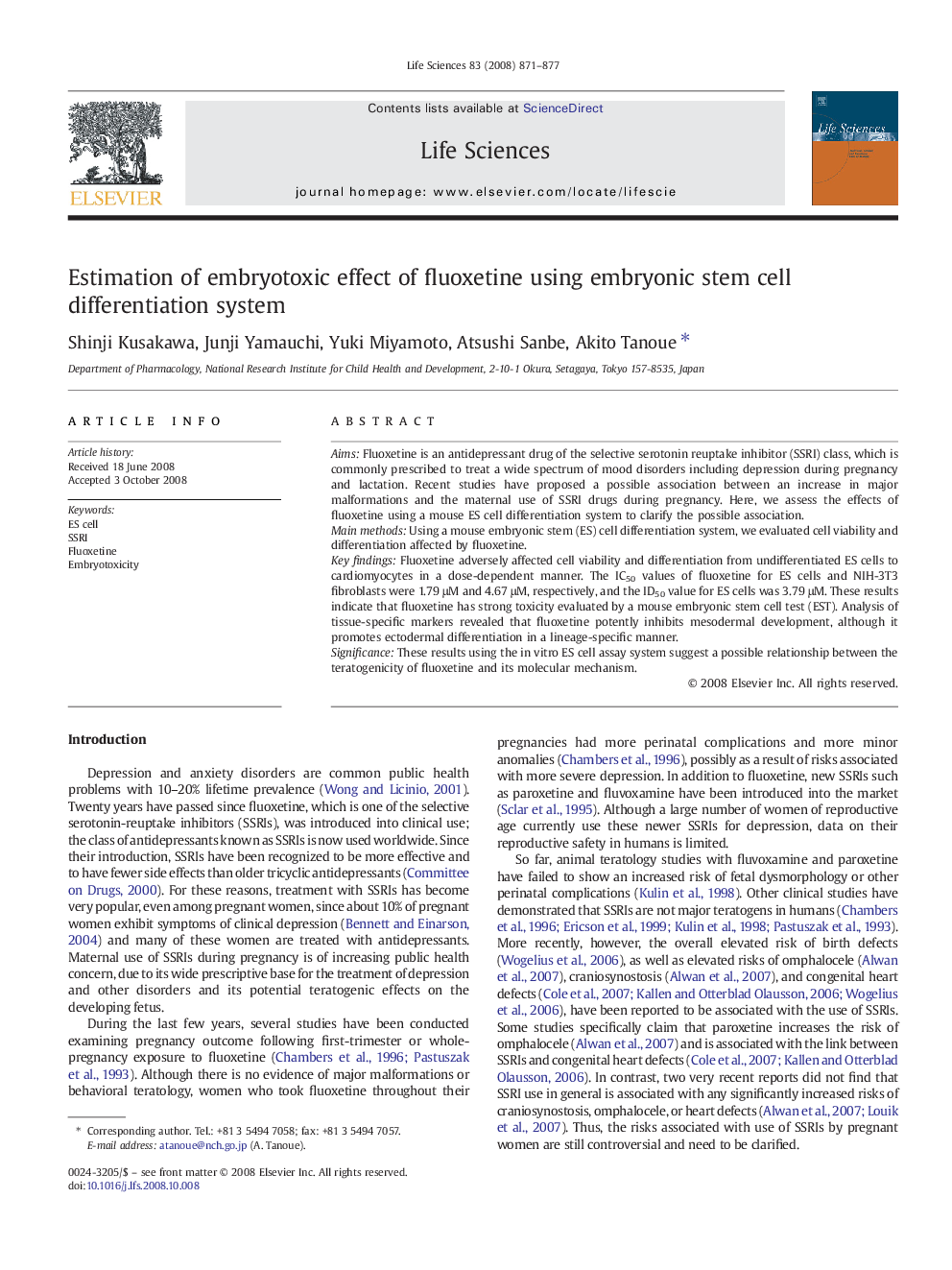 Estimation of embryotoxic effect of fluoxetine using embryonic stem cell differentiation system