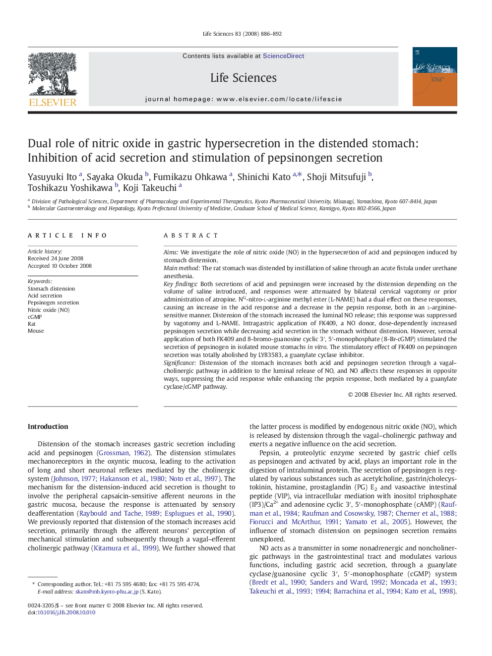 Dual role of nitric oxide in gastric hypersecretion in the distended stomach: Inhibition of acid secretion and stimulation of pepsinongen secretion