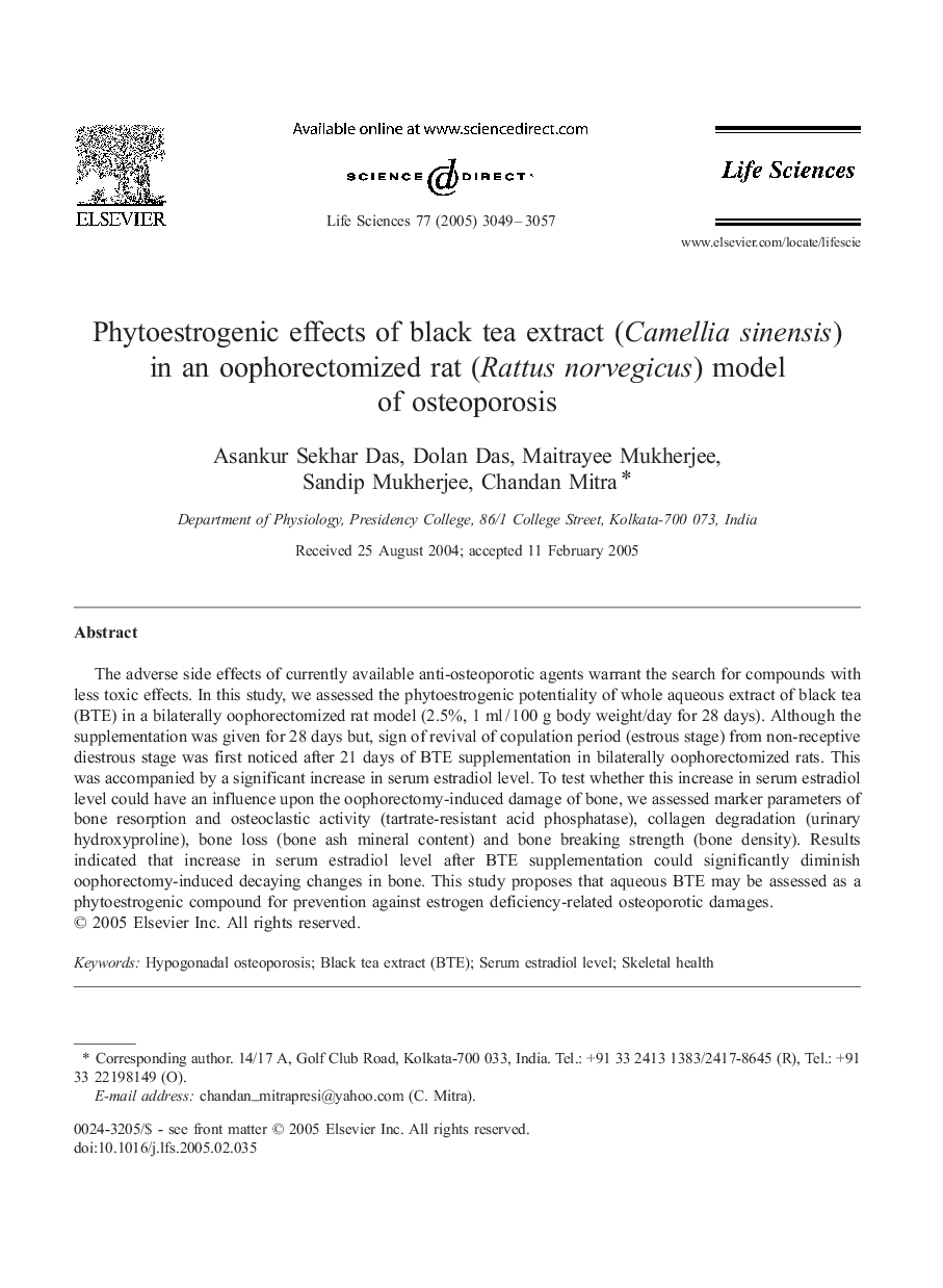 Phytoestrogenic effects of black tea extract (Camellia sinensis) in an oophorectomized rat (Rattus norvegicus) model of osteoporosis