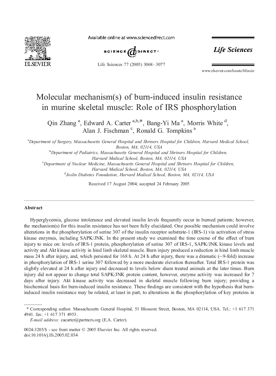 Molecular mechanism(s) of burn-induced insulin resistance in murine skeletal muscle: Role of IRS phosphorylation