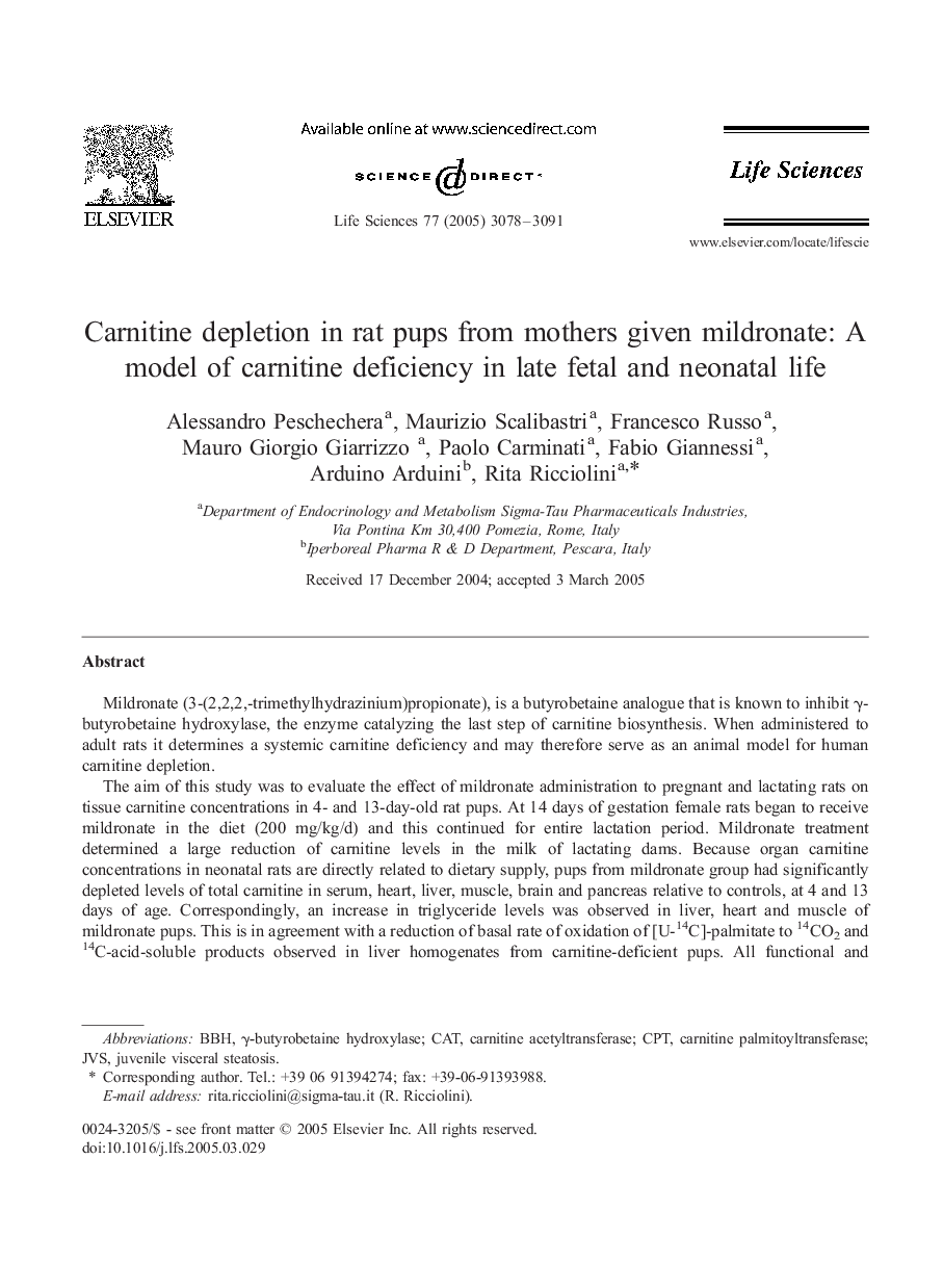 Carnitine depletion in rat pups from mothers given mildronate: A model of carnitine deficiency in late fetal and neonatal life