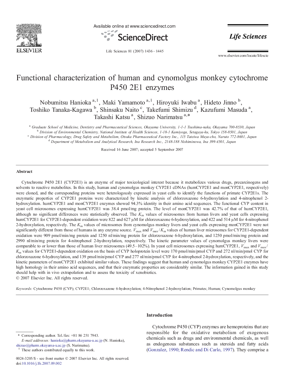 Functional characterization of human and cynomolgus monkey cytochrome P450 2E1 enzymes