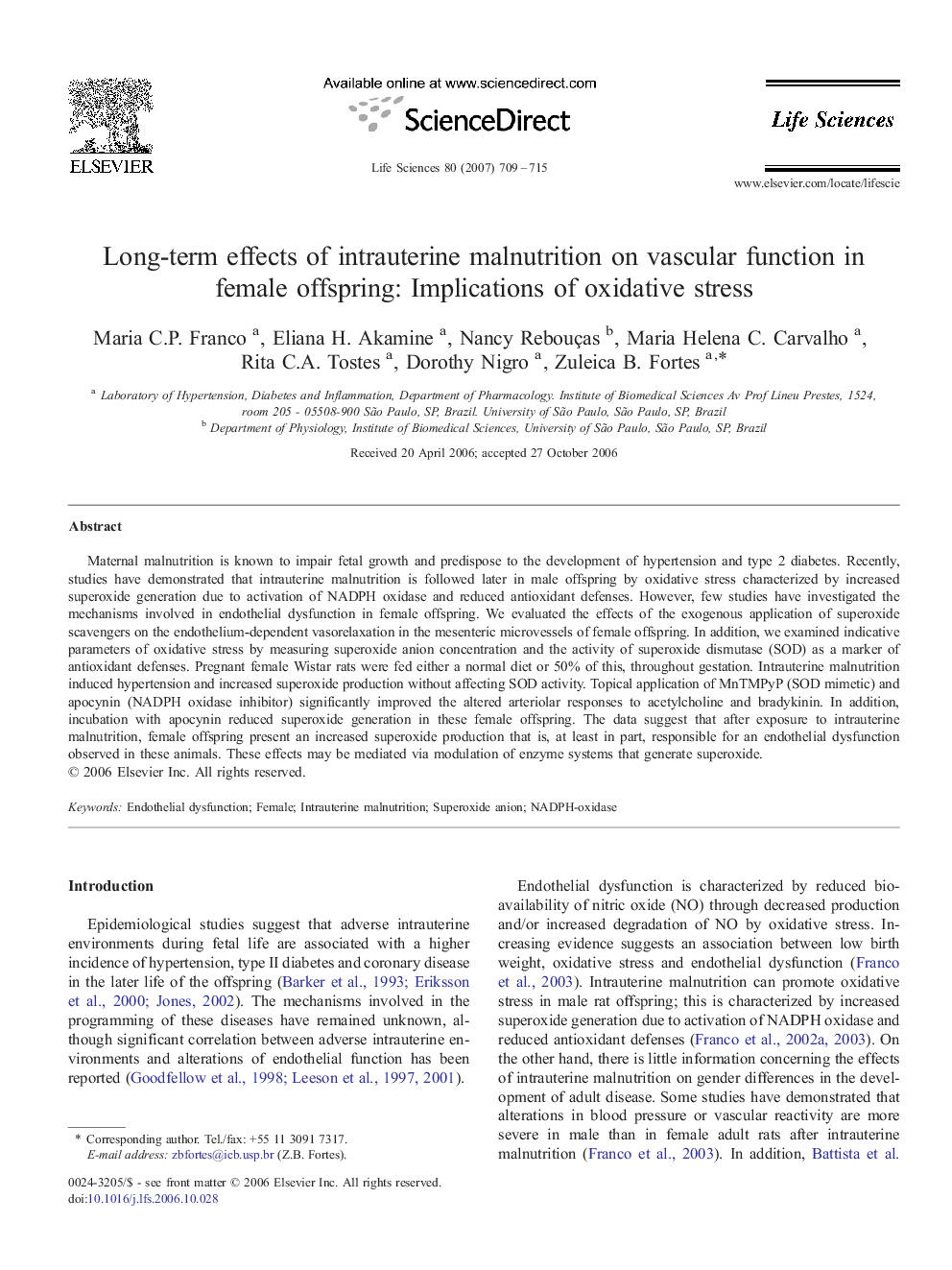 Long-term effects of intrauterine malnutrition on vascular function in female offspring: Implications of oxidative stress