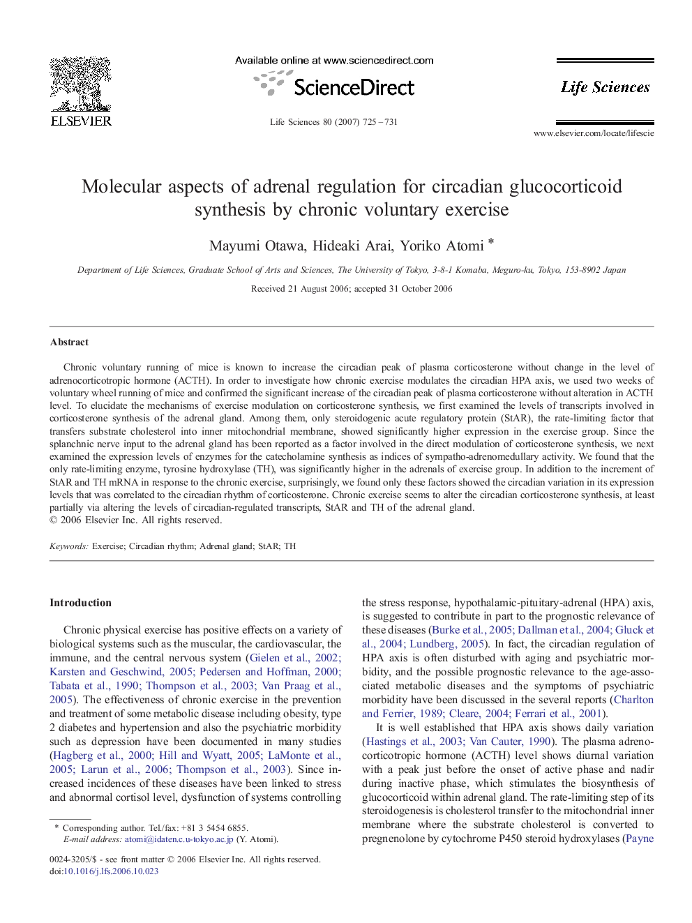 Molecular aspects of adrenal regulation for circadian glucocorticoid synthesis by chronic voluntary exercise