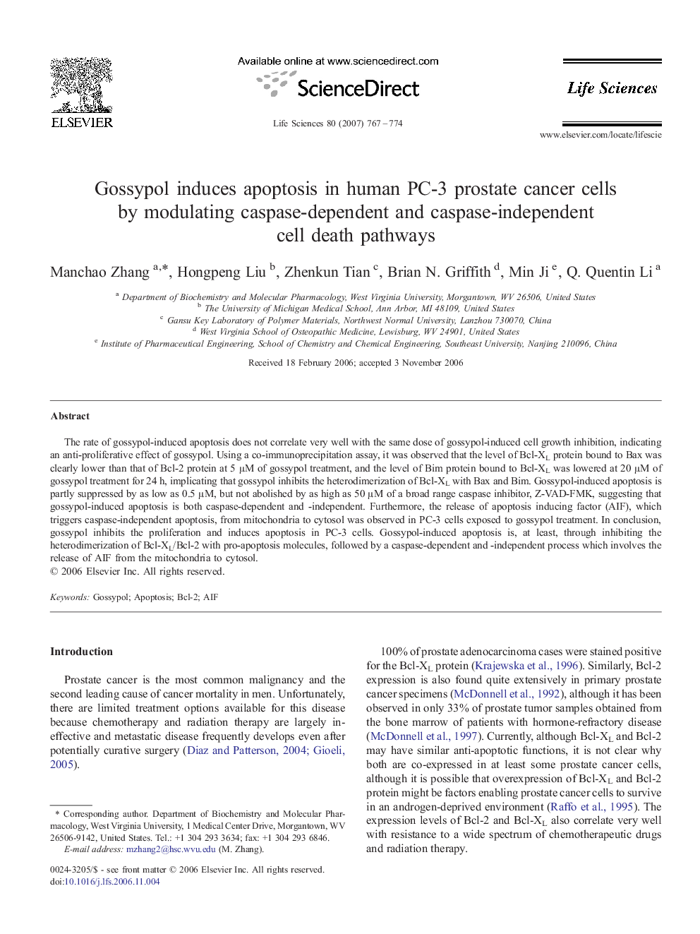 Gossypol induces apoptosis in human PC-3 prostate cancer cells by modulating caspase-dependent and caspase-independent cell death pathways