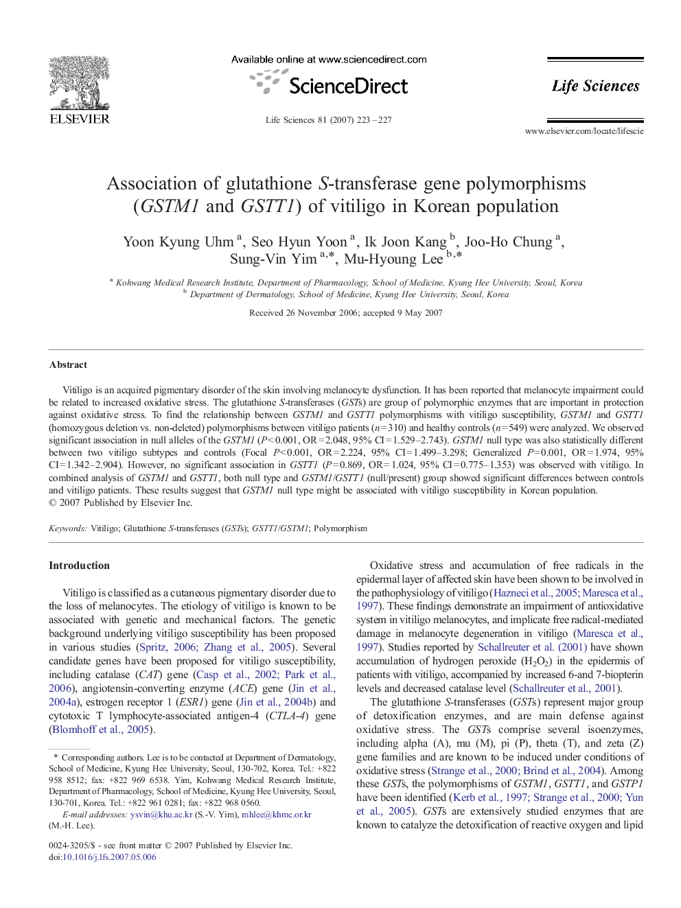 Association of glutathione S-transferase gene polymorphisms (GSTM1 and GSTT1) of vitiligo in Korean population