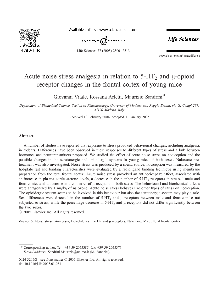 Acute noise stress analgesia in relation to 5-HT2 and μ-opioid receptor changes in the frontal cortex of young mice