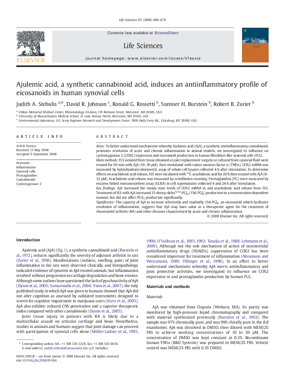 Ajulemic acid, a synthetic cannabinoid acid, induces an antiinflammatory profile of eicosanoids in human synovial cells