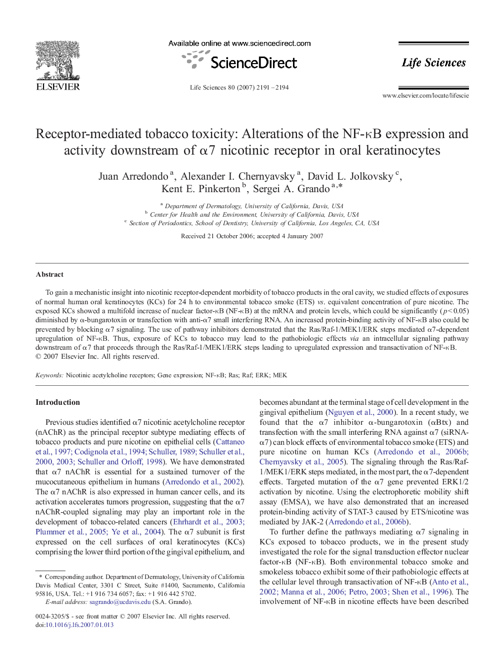 Receptor-mediated tobacco toxicity: Alterations of the NF-κB expression and activity downstream of α7 nicotinic receptor in oral keratinocytes