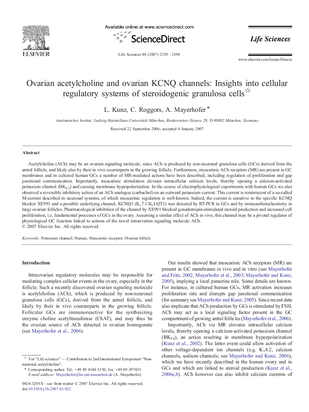 Ovarian acetylcholine and ovarian KCNQ channels: Insights into cellular regulatory systems of steroidogenic granulosa cells 