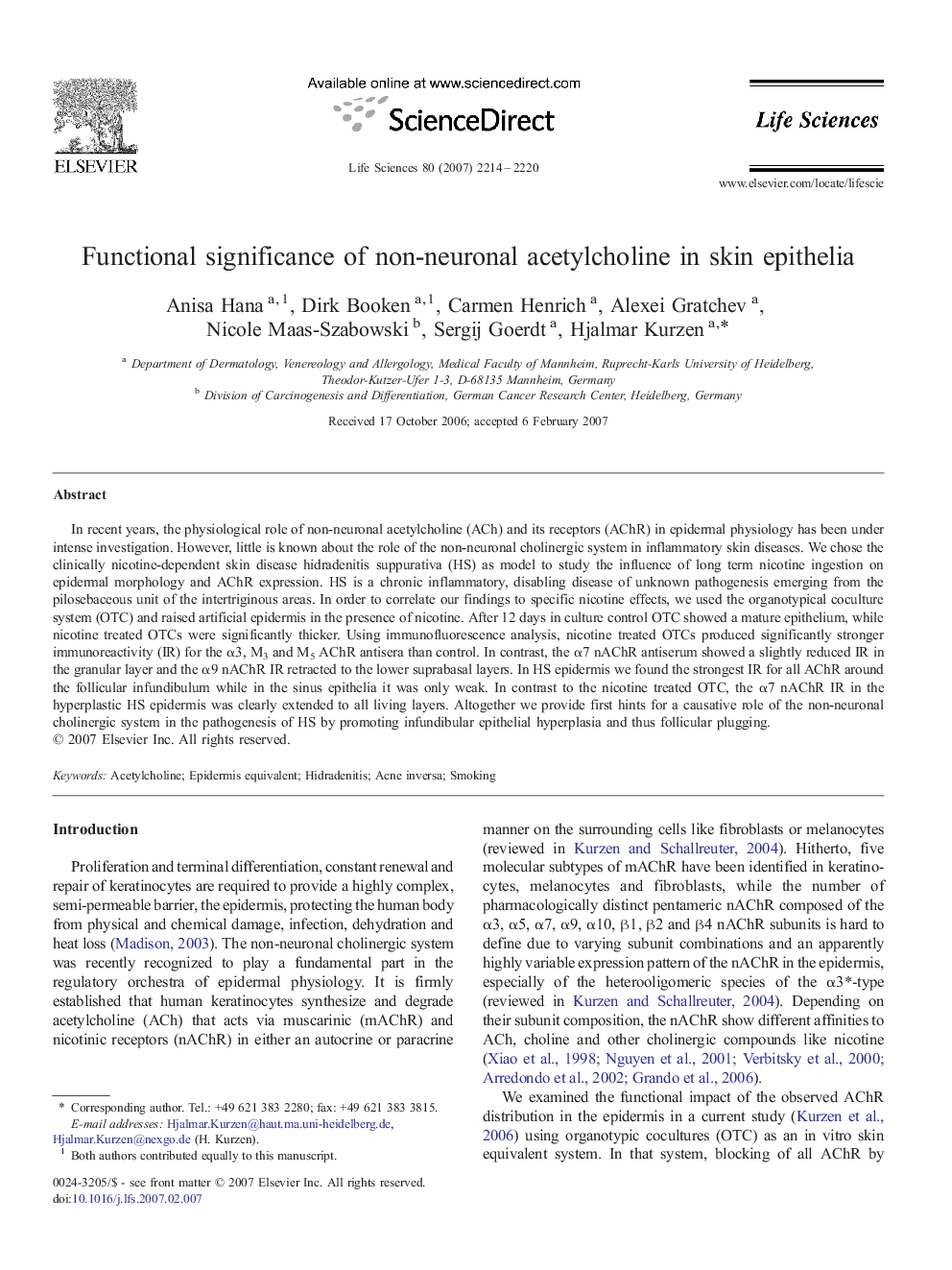 Functional significance of non-neuronal acetylcholine in skin epithelia