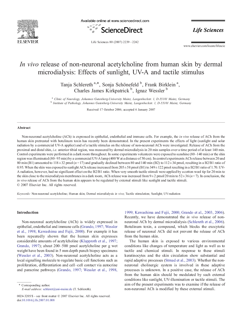 عکس صفحه اول مقاله: In vivo release of non-neuronal acetylcholine from human skin by dermal microdialysis: Effects of sunlight, UV-A and tactile stimulus In vivo release of non-neuronal acetylcholine from human skin by dermal microdialysis: Effects of sunlight, UV-A and tactile stimulus