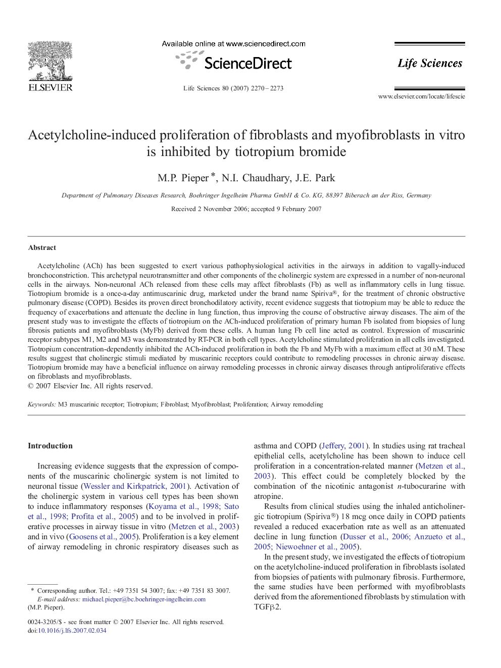 Acetylcholine-induced proliferation of fibroblasts and myofibroblasts in vitro is inhibited by tiotropium bromide