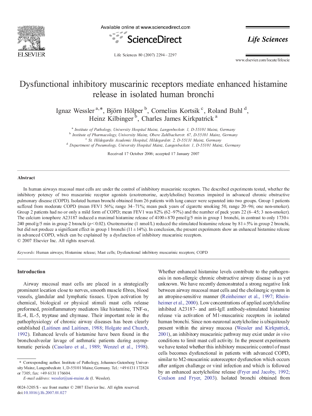 Dysfunctional inhibitory muscarinic receptors mediate enhanced histamine release in isolated human bronchi