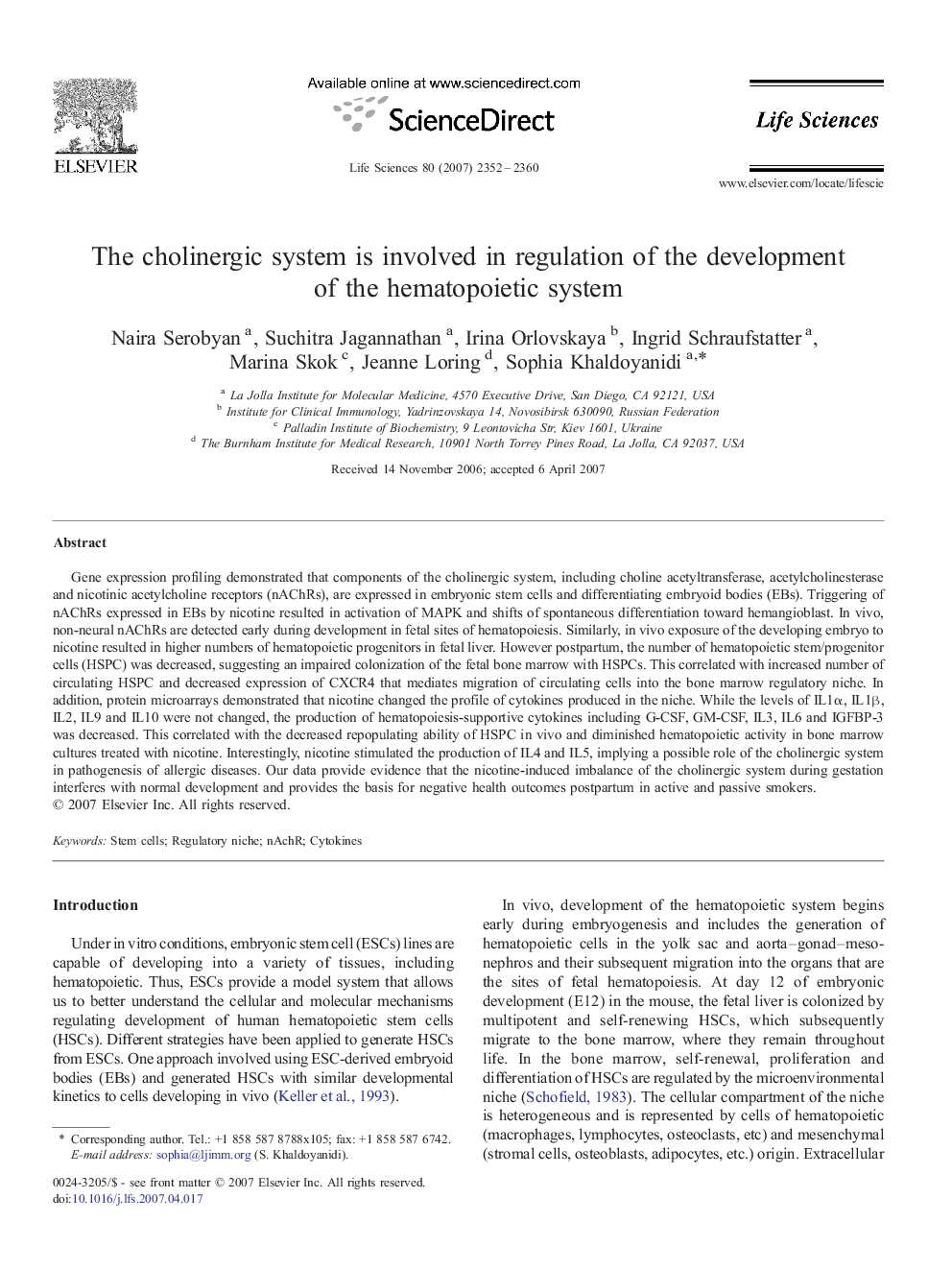 The cholinergic system is involved in regulation of the development of the hematopoietic system