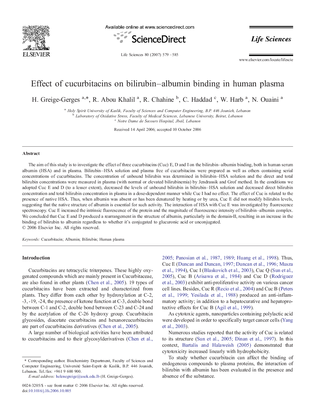 Effect of cucurbitacins on bilirubin–albumin binding in human plasma