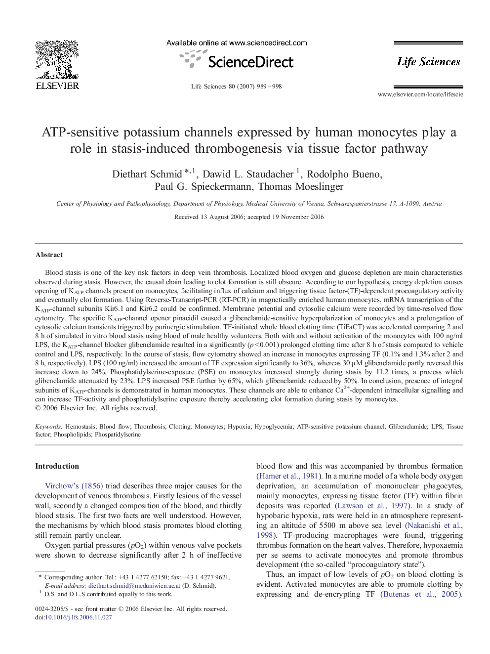 ATP-sensitive potassium channels expressed by human monocytes play a role in stasis-induced thrombogenesis via tissue factor pathway