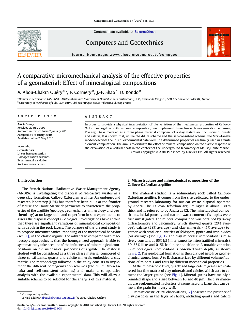 A comparative micromechanical analysis of the effective properties of a geomaterial: Effect of mineralogical compositions